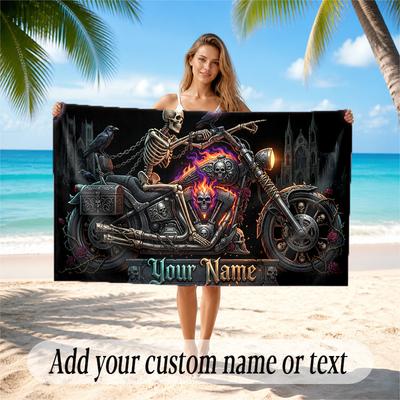 Motorcykel Biker Tema Snabbtorkande Strandhandduk Personlig Namntext Tryck Stor Sandavvisande Handduk Strandsemester