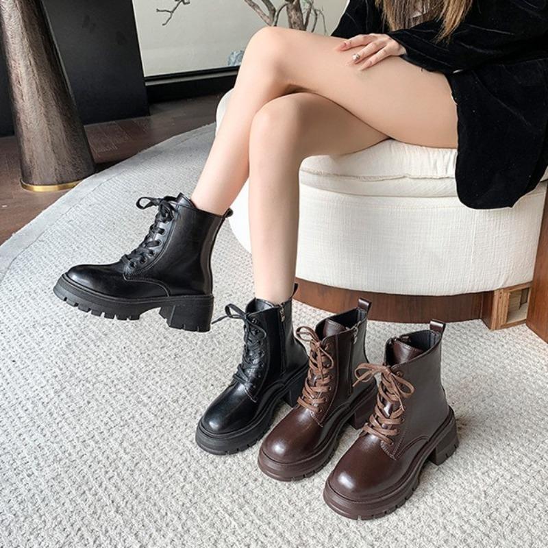 Stivaletti alla Caviglia in Pelle da Donna Autunno Inverno Comodi Punta Rotonda Sneakers Casual Street Style Cerniera Stivali Corti da Moto da Donna
