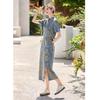 Set Gonna Denim Stile Cinese alla Moda Donna Estivo Stampa Floreale Completo Due Pezzi con Bottoni Nodo