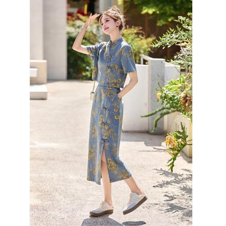 Set Gonna Denim Stile Cinese alla Moda Donna Estivo Stampa Floreale Completo Due Pezzi con Bottoni Nodo