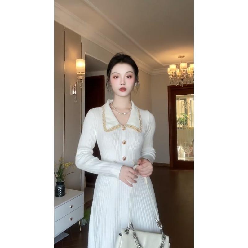 High-end exquisite celebrity rich family daughter knitted sweater long skirt with coat backing dress women's autumn and winter