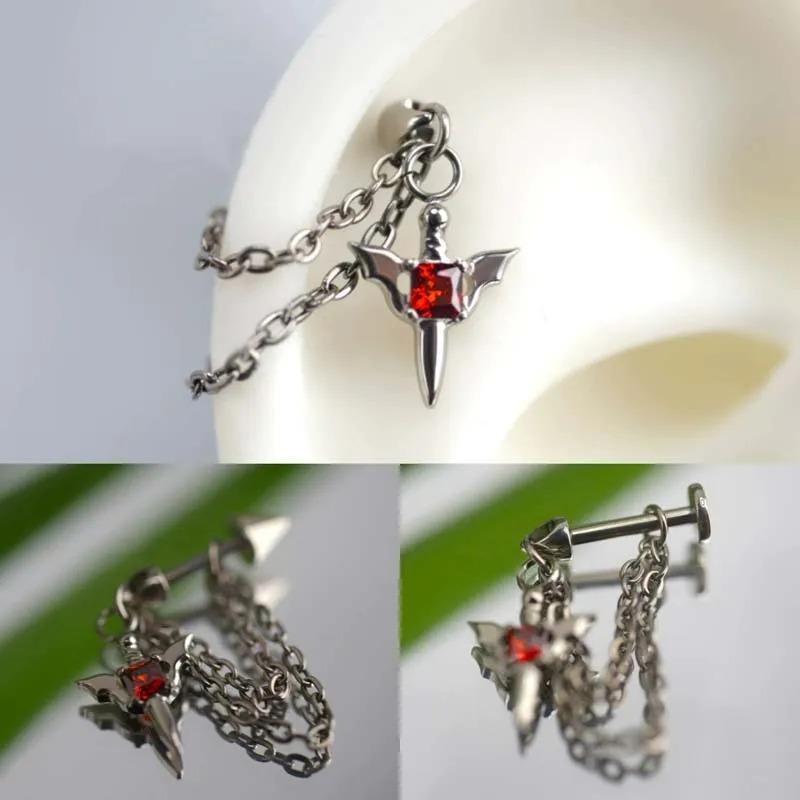 Stainless Steel Wing Chain Red Zircon Piercing Earring for Women Men Gothic Silver Color Rivet Ear Bone Nail Earring Y2K Jewelry