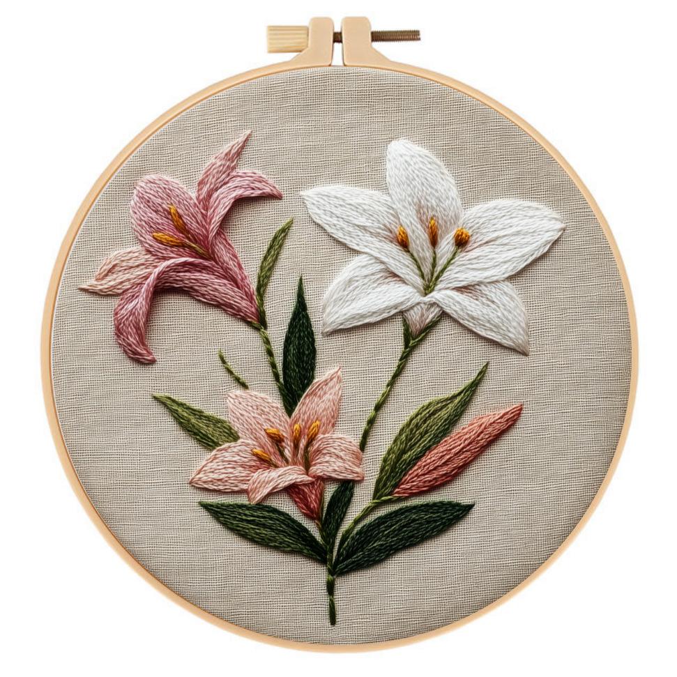 1 set Lily Embroidery Kit - Lily Cross Stitch, a beginner-friendly embroidery material kit with English stitch instructions. DIY embroidery craft kit.