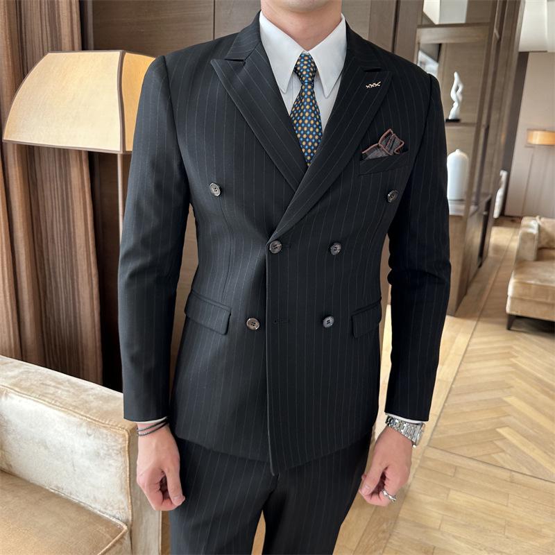 Men's Striped Double-Breasted Slim-Fit Business Casual Suit