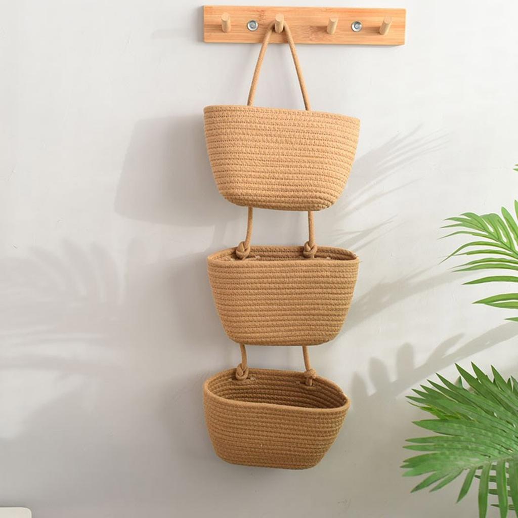 Multipurpose Hanging Cotton Rope Baskets 3 Layer Cotton Rope Foldable Hanging Basket for Efficient Item Arrangement