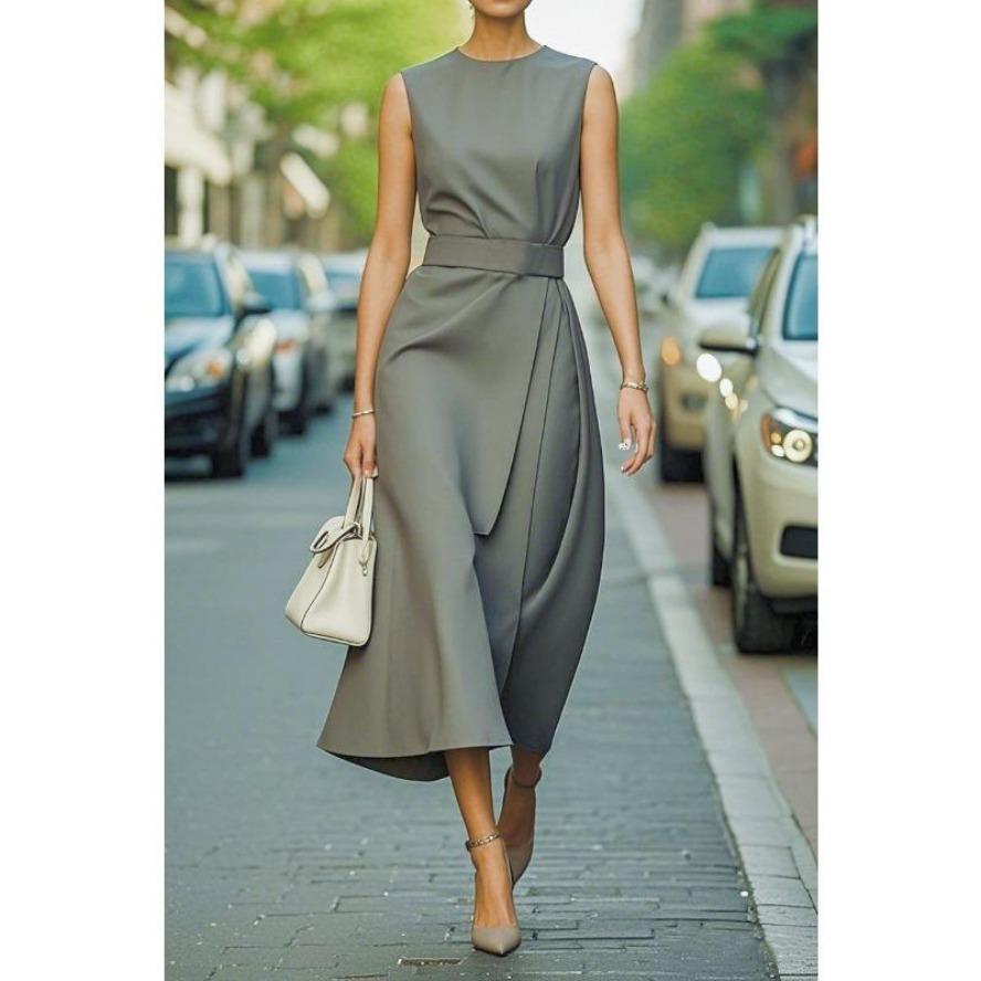 YYFS Damenmode, Sommer, Frühling, einfarbig, ärmellos, O-Ausschnitt, hohe Taille, Freizeitkleider