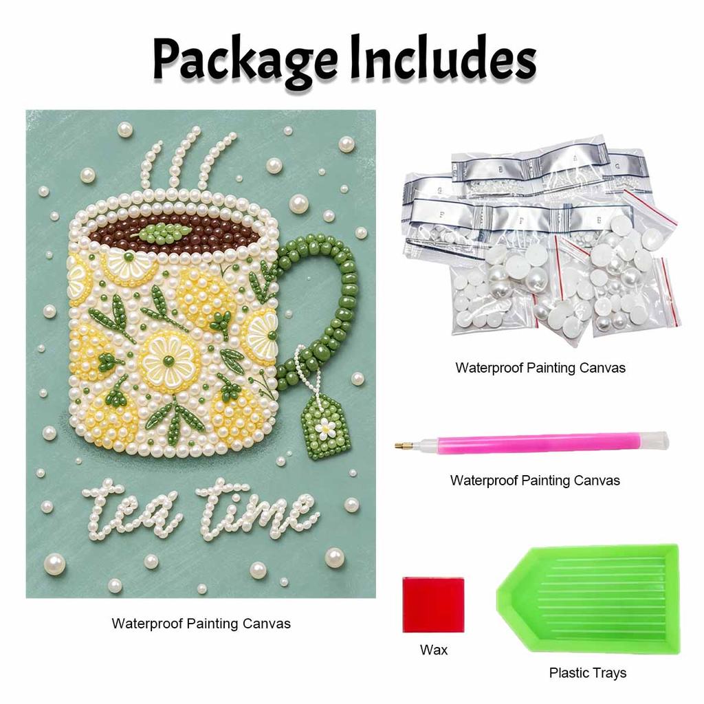 Easy DIY Framed Pearl Bead Painting Kit with Lemon Tea Time Pattern 3D Sparkling Canvas Art for Home Decoration Relaxing Wall Gift Idea