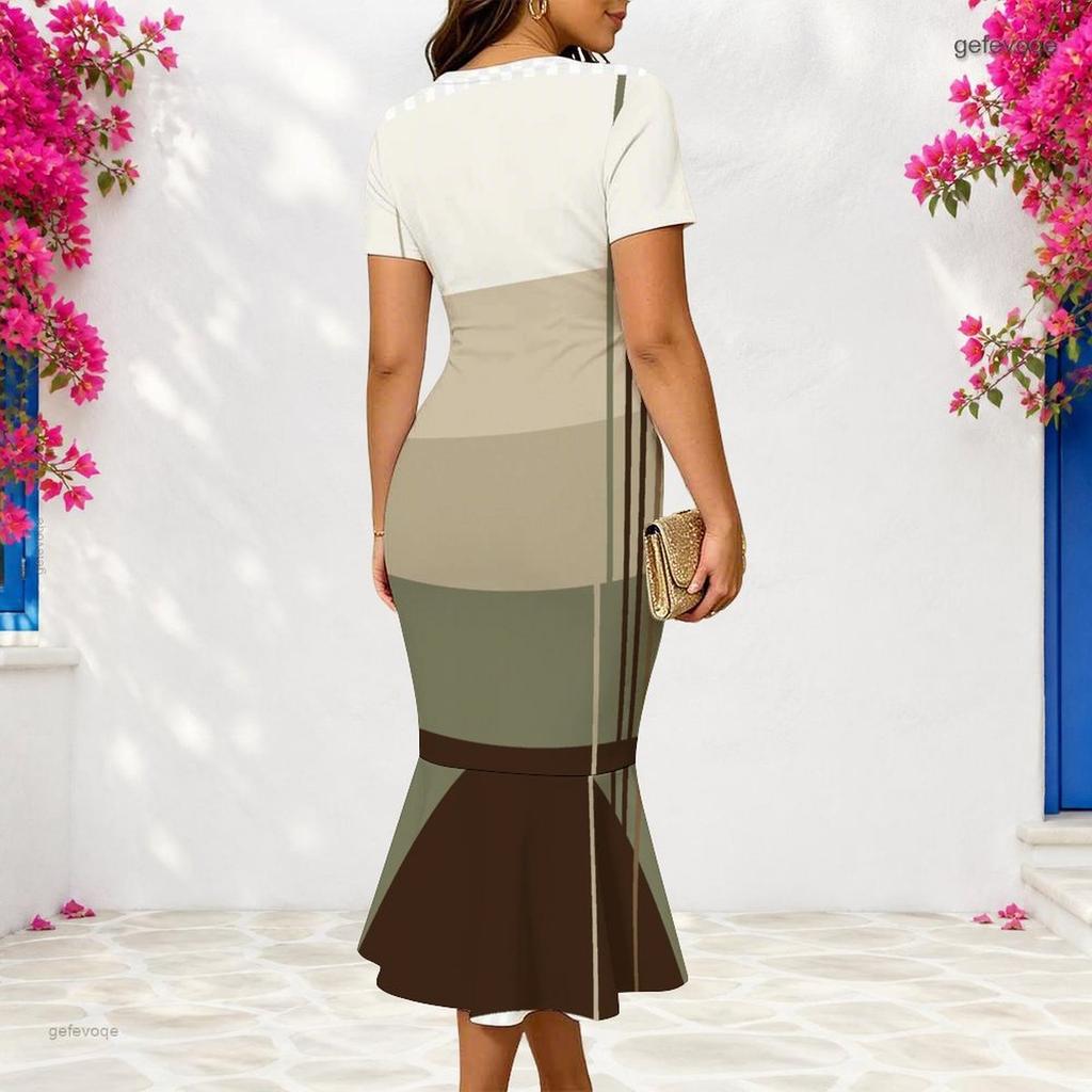 Women Plus Size Geometric Printed V Neck Short Sleeve Fitted Fishtail Dress Black Orange White
