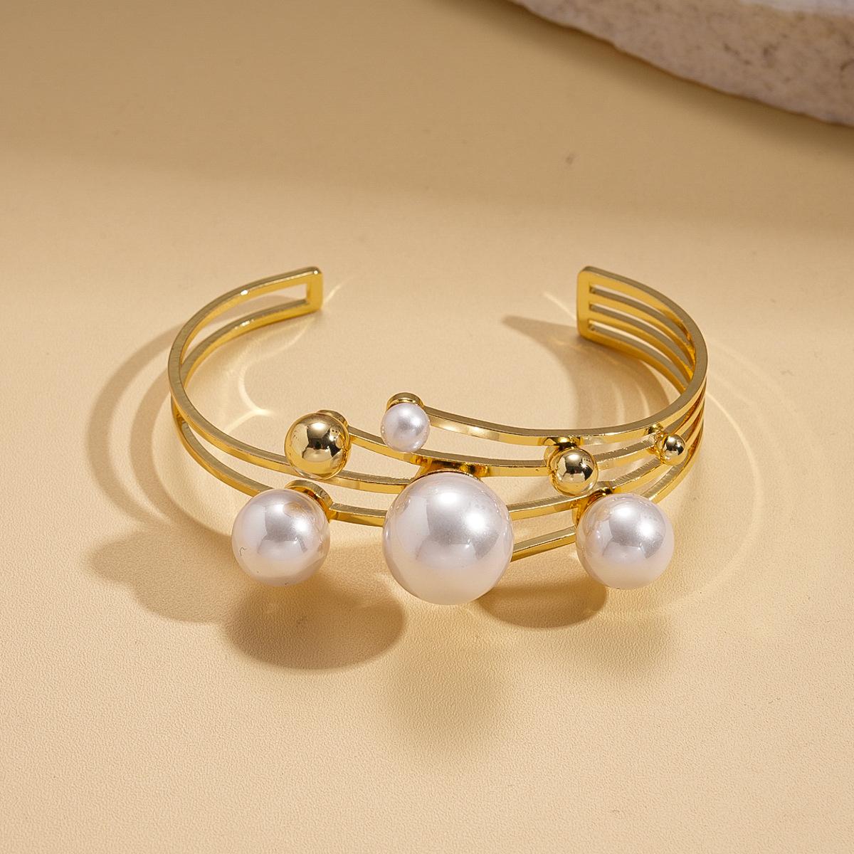 Европейский и американский металлический стиль имитация жемчуга геометрия многослойный полый открытый браслет ретро элегантные украшения