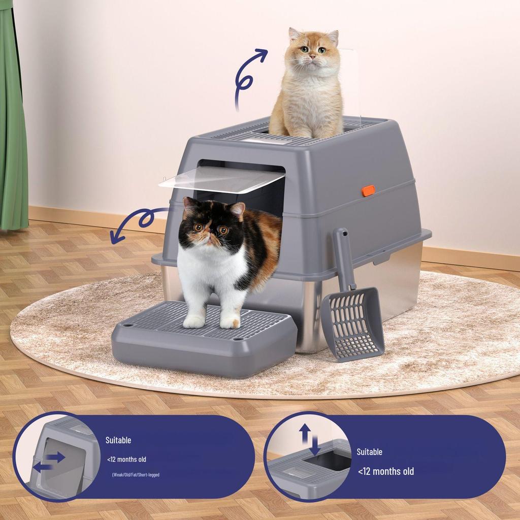 Large Easy-Clean Stainless Steel Cat Litter Box - Anti-Splash and Leak-Proof Enclosure