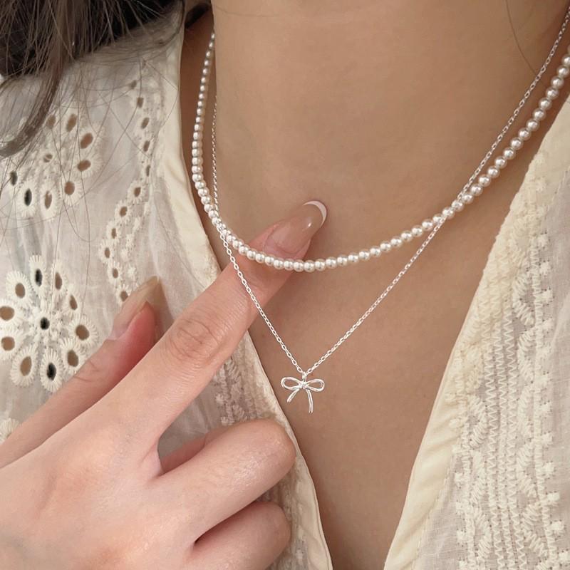 Elegant Double Layered Pendant Necklace With Pearl Bow Charm In Sterling Women Adjustable 41-50cm O-Link Chain