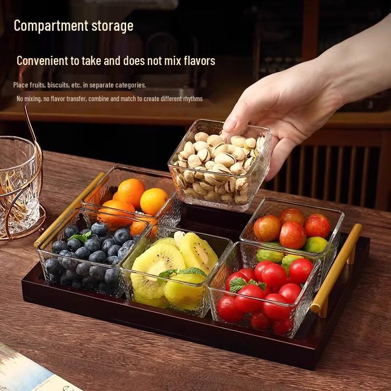 ZISIZ 6-Compartment Snack Platter with Wooden Tray & Glass Bowls