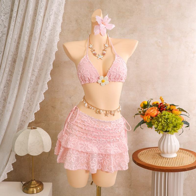 Women Flower Embroidered Three Piece Bikini Swimsuit For Beach Vacation