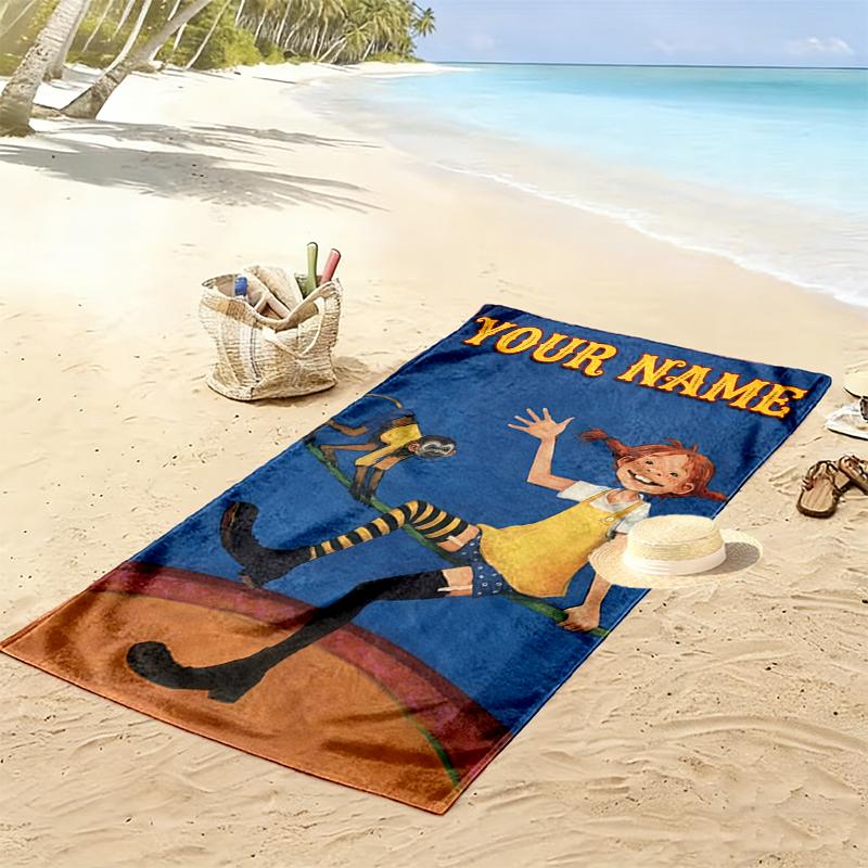 Custom Name Pippi Print Beach Towel, Large Soft Quick Dry Towel for Beach Camping Swimming