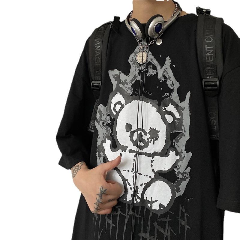 Cross-border summer new trendy brand pure cotton bear cartoon printed men's clothing Korean version loose short-sleeved T-shirt men's couple clothing