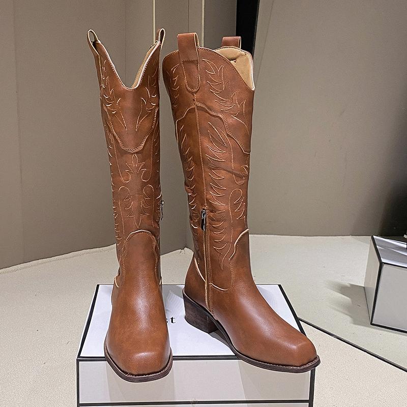 Women Fashion Slip On Knight Boot Ladies Autumn Winter Thick Sole Knight Boots Pointed Toe Square Heel Embroidered Cowboy Boots