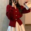 Design sense red v-neck temperament sweater jacket women's autumn and winter new fashion single-breasted knitted cardigan top trendy