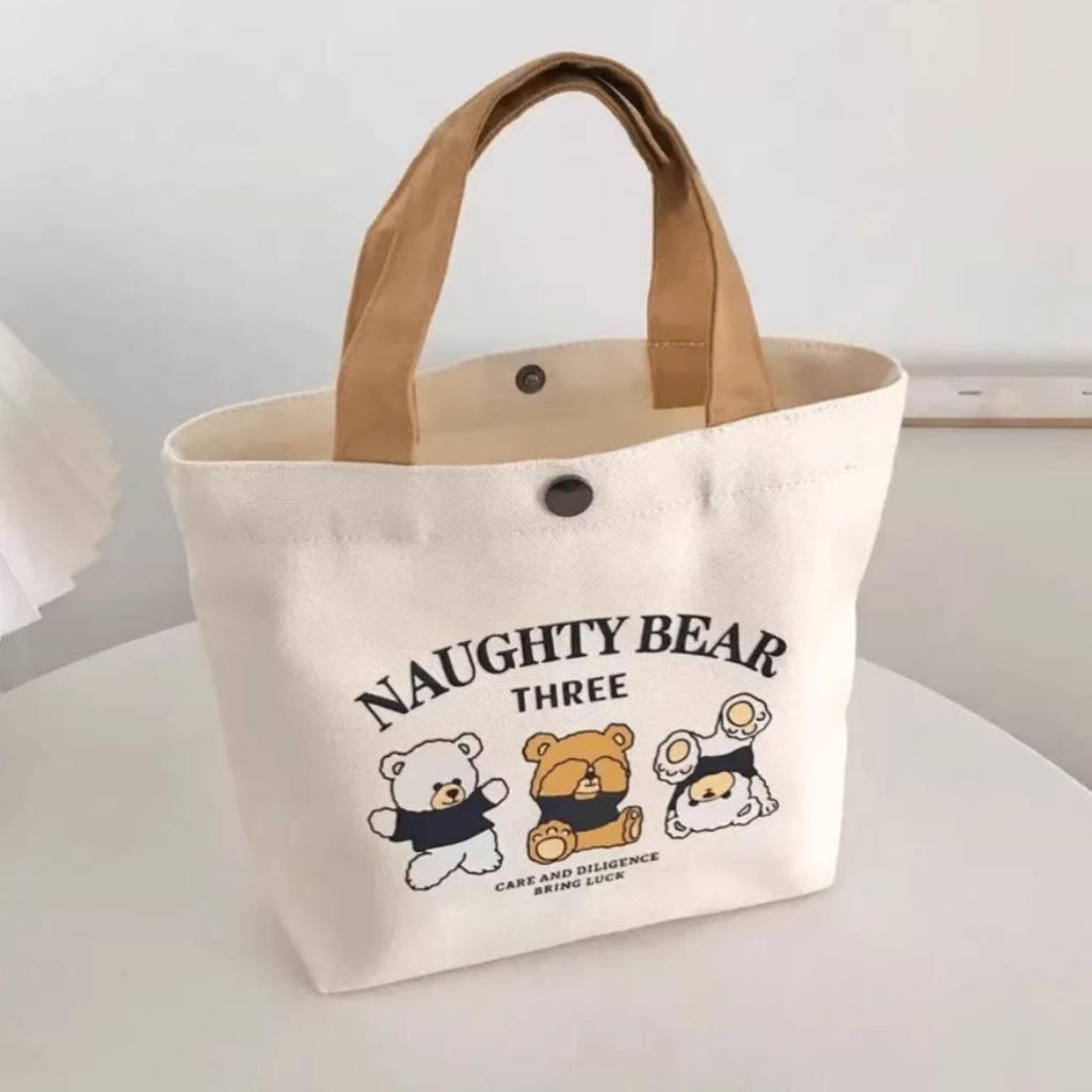 Little Bear Canvas Tote: Portable Handbag for Students and Casual Use
