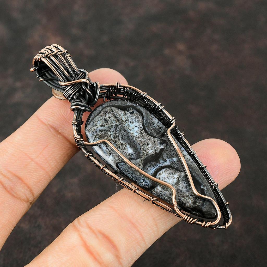 Blue Dendrite Opal Gemstone Pendant Copper Wire Wrapped Pendant Moonstone Pendant Gift For Her Handmade Copper Pendant Wire Wrapping Jewelry