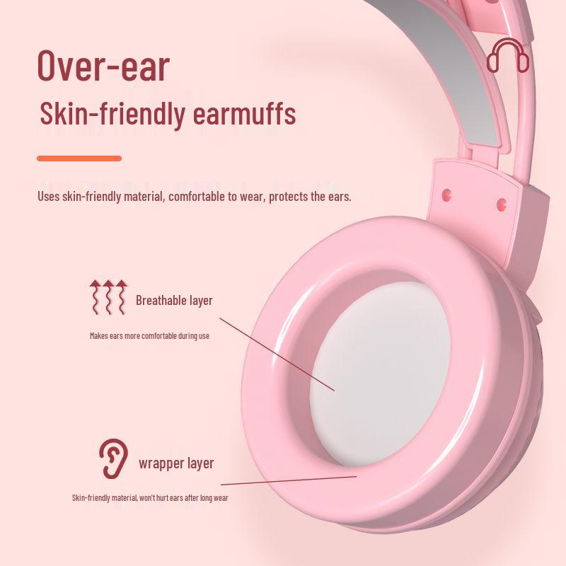 Pink Cat Ear Over-Ear Wired Headphones for Gaming and Esports - Cute Girly Design with Heart Accent.