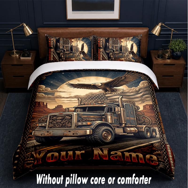 Truck Theme Custom Text Or Name 3Pcs Bedding Set,1 Flat Sheet & 2 Pillowcases Personalized Home Bedding