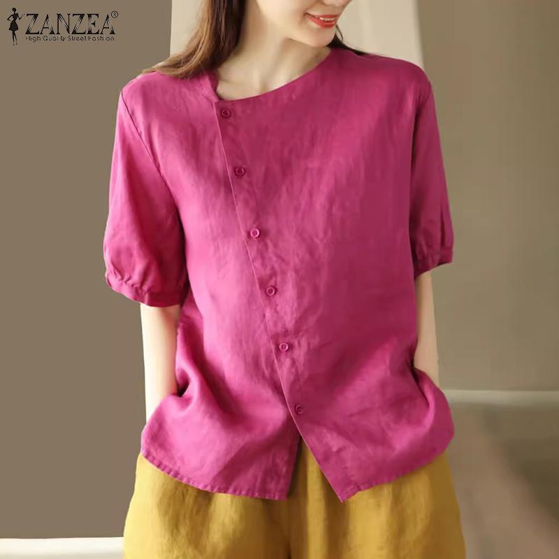 

ZANZEA Женские хлопковые блузки с короткими рукавами и косым воротником-фонариком XL белый