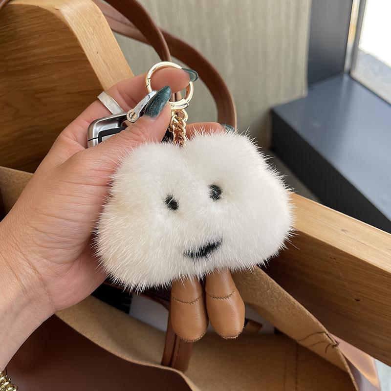 Luxury Fluffy White Clouds Pendant Keychain Real Mink Fur Cute Keyring Women Car Key Bag Ornament Plush Doll Toy