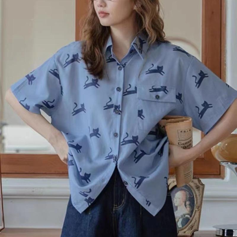 

Женская футболка с коротким рукавом с принтом кошки, летняя, свободная, модная, универсальная, голубая, на одной пуговице, японская рубашка XXL синий