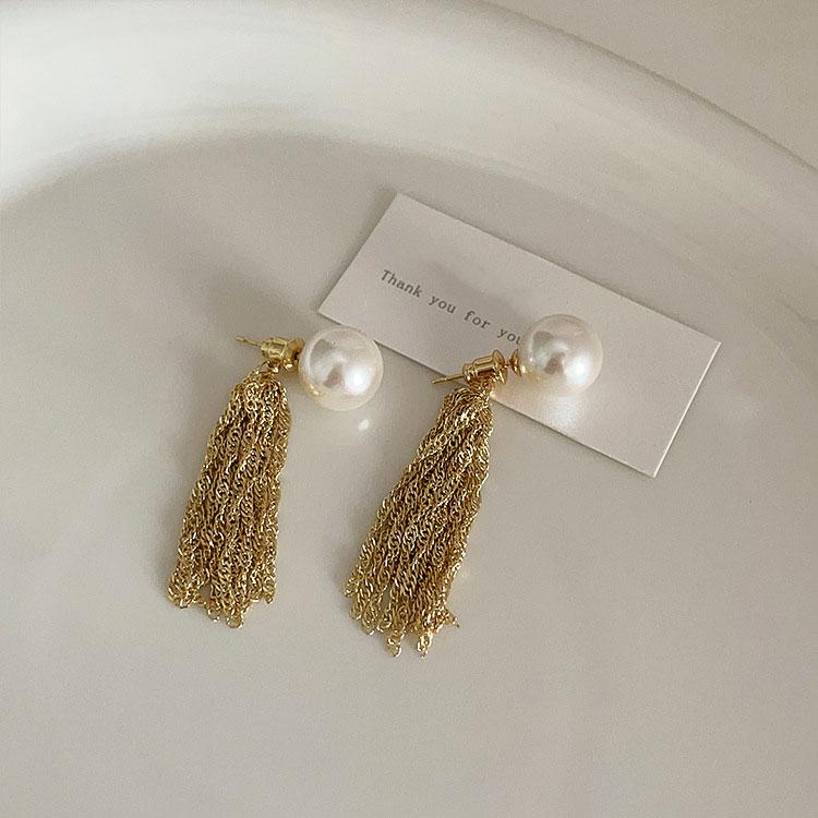 Korean Luxury Long Chain Tassel Stud Earrings for Women Imitation Pearl Drop Earrings Jewelry