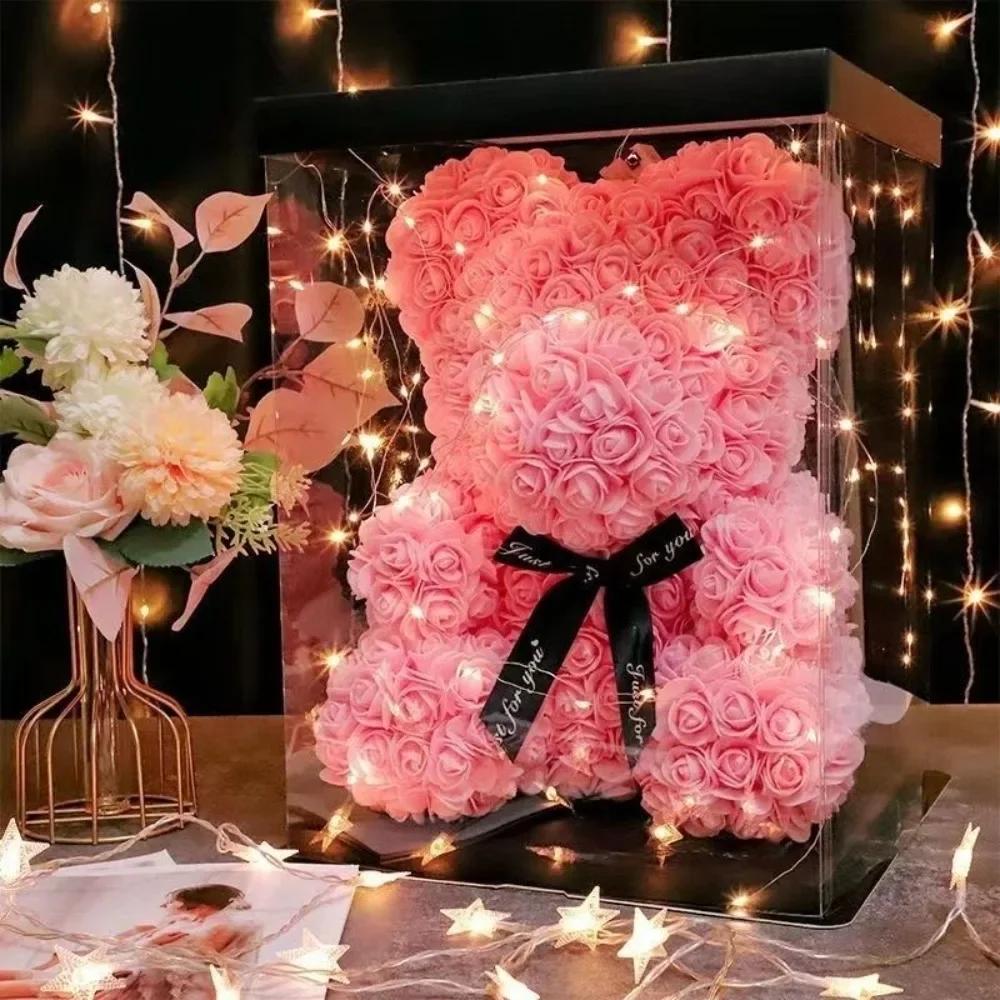 Valentine's Day Eternal Rose Teddy Bear Set - Artificial Flower Decor for Birthday, Anniversary & Romantic Gifts for Girlfriend