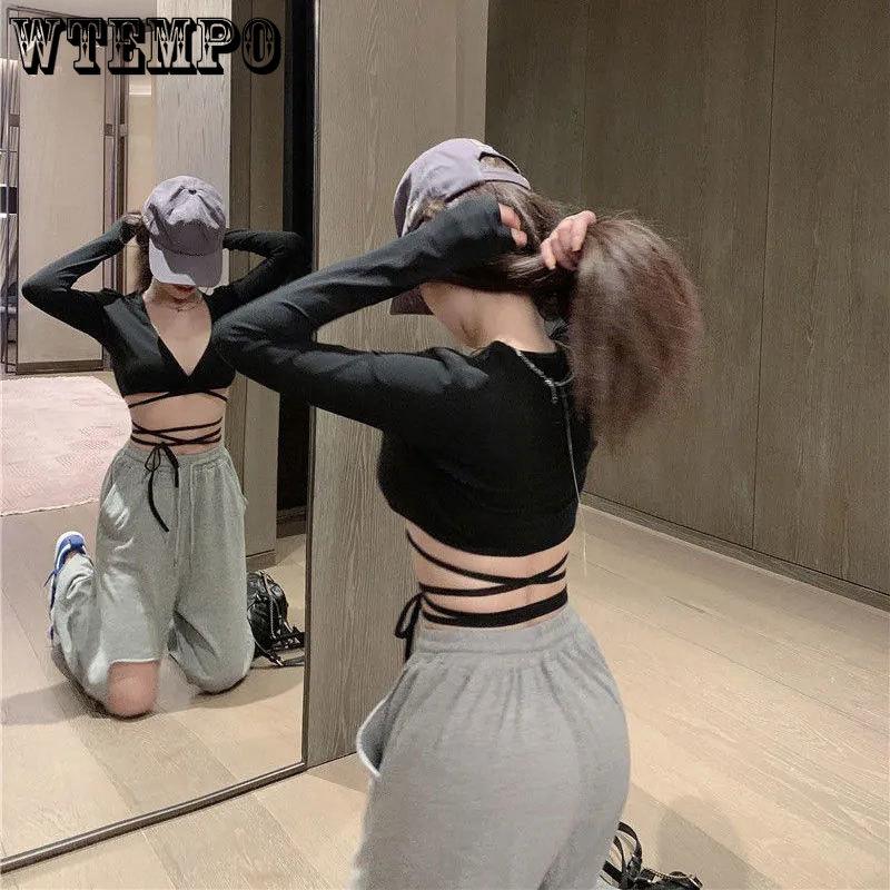 Women Crop Top Summer Long Sleeve Corset Y2k Tops Korean Tanktop Navel Tie Thin Black T-Shirt Ladies Boho Gothic Sexy Clothes