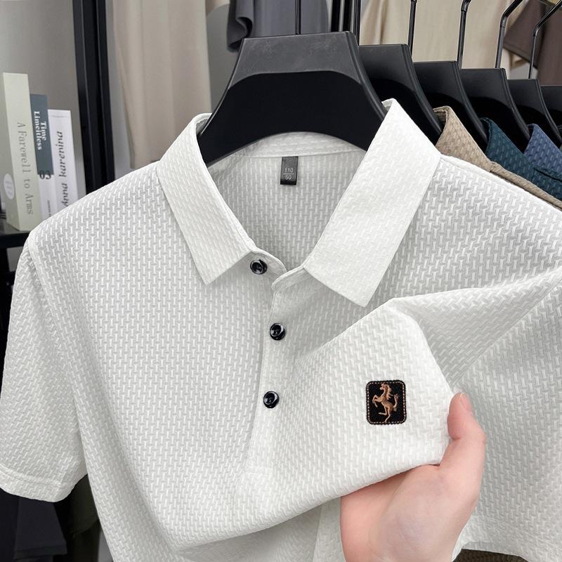 High-end ice silk short sleeves t Men s Summer Thin Jacquard Breathable Cool Feeling Turn-down Collar Business Shirt POLO Shirt M