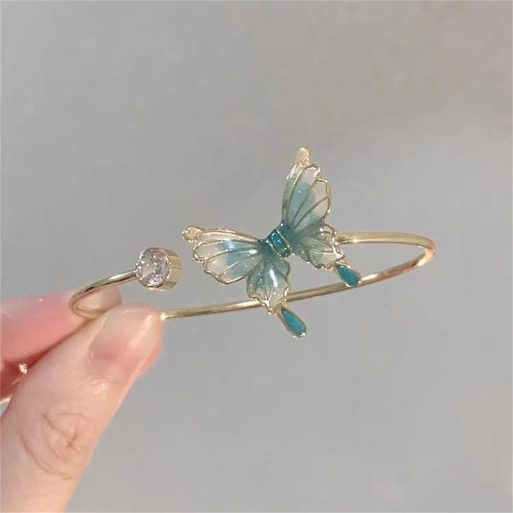Style Forest Butterfly Zircon Open Bangle Sweet Bracelet Charm Good-looking Design Insect Bracelet Daily Matching Daily Jewelry зелёный