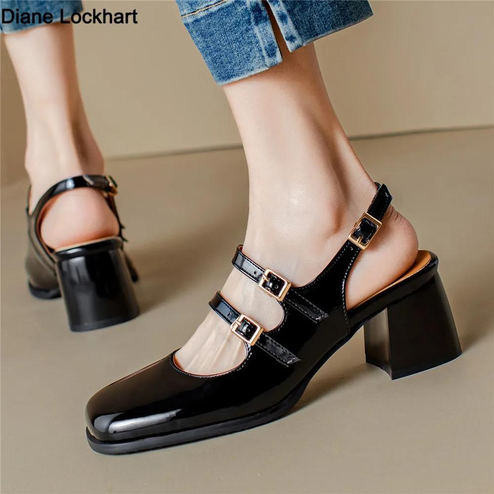 Modă Retro Toc Gros Toc Mediu Pantofi Mary Jane Cu Vârf Pătrat Sandale Argintii Negre Vară Nou Mărime Mare 32-46 Pantofi de Damă Modă