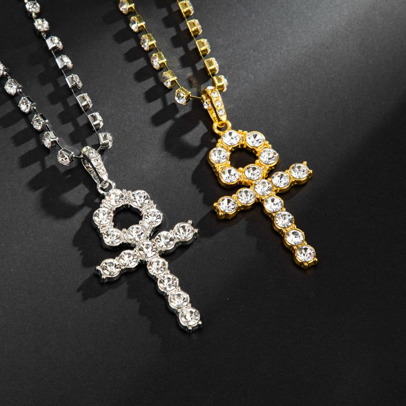 Necklace Single Row Diamond Chain Cross Key Pendant Hip Hop Necklace
