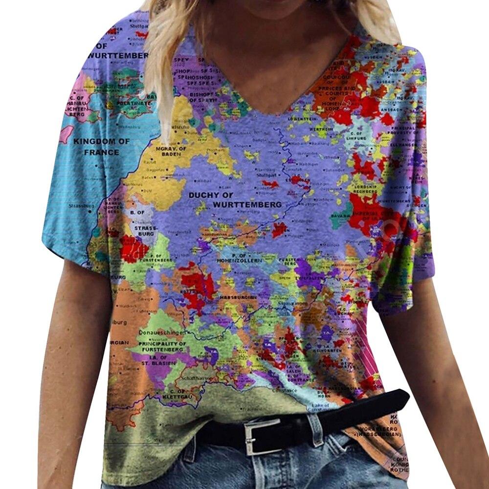 Fashion Spring  Map Print Blouses Short Sleeved V-Neck T Shirts Casual