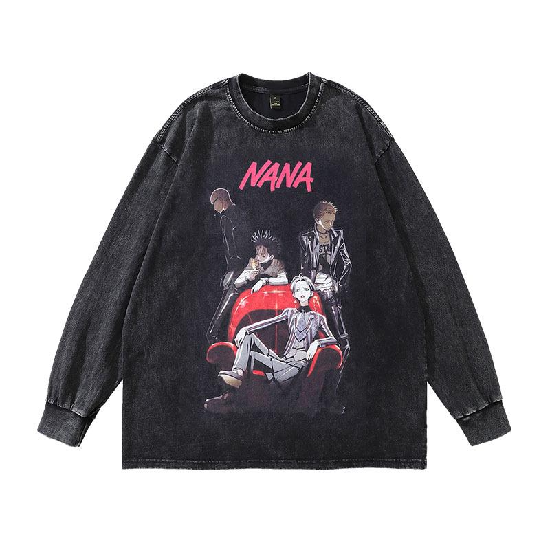 Trendy Brand Harajuku Y2K Cartoon Print Washed Long-Sleeved T-Shirt Men'S Oversize Retro Couple Bottoming Top