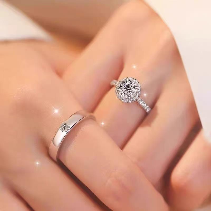 Sterling Silver Platinum-Plated Gold Diamond Inlaid Unisex Matching Rings - Light Luxury High-End Open Design