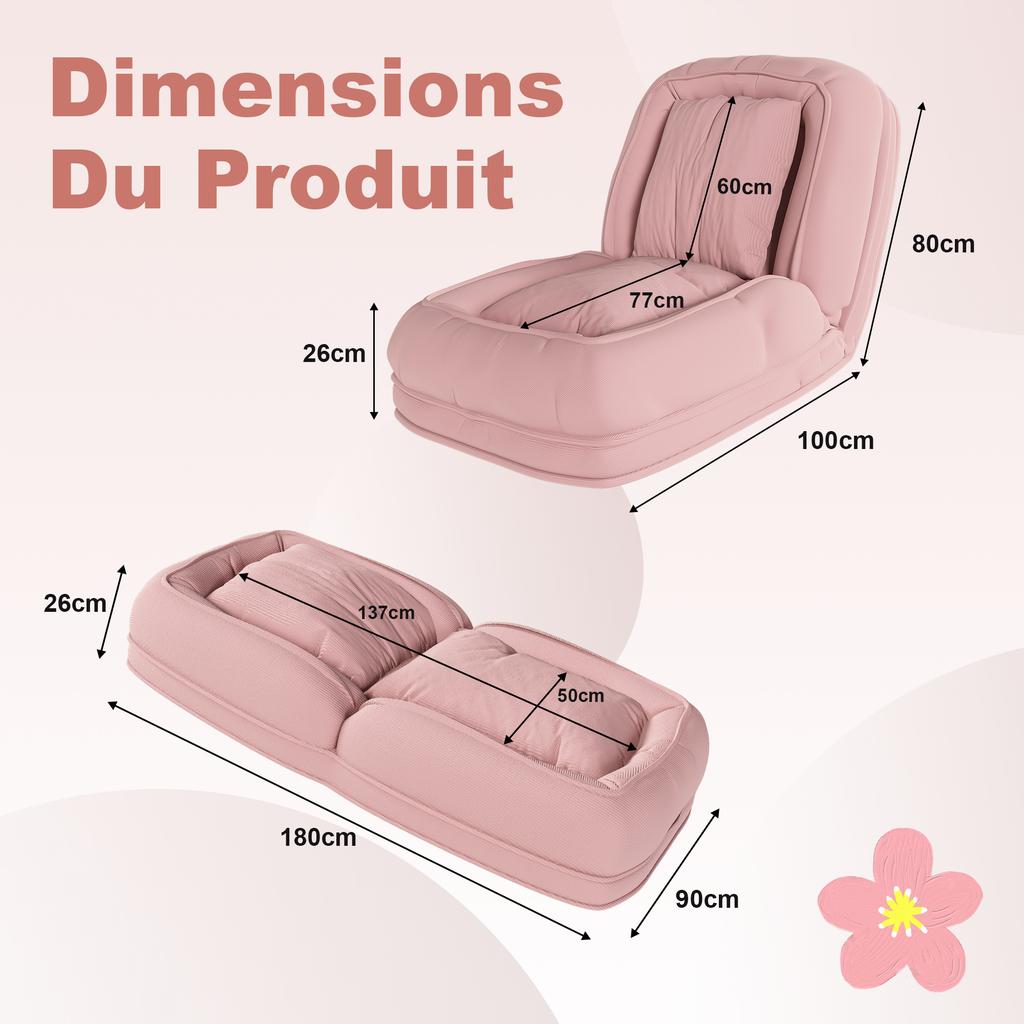 Foldable Sofa Bed for Adults & Pets – 5-Way Adjustable (90 degrees-180 degrees) with 2 Pillows, Lounger for Living Room