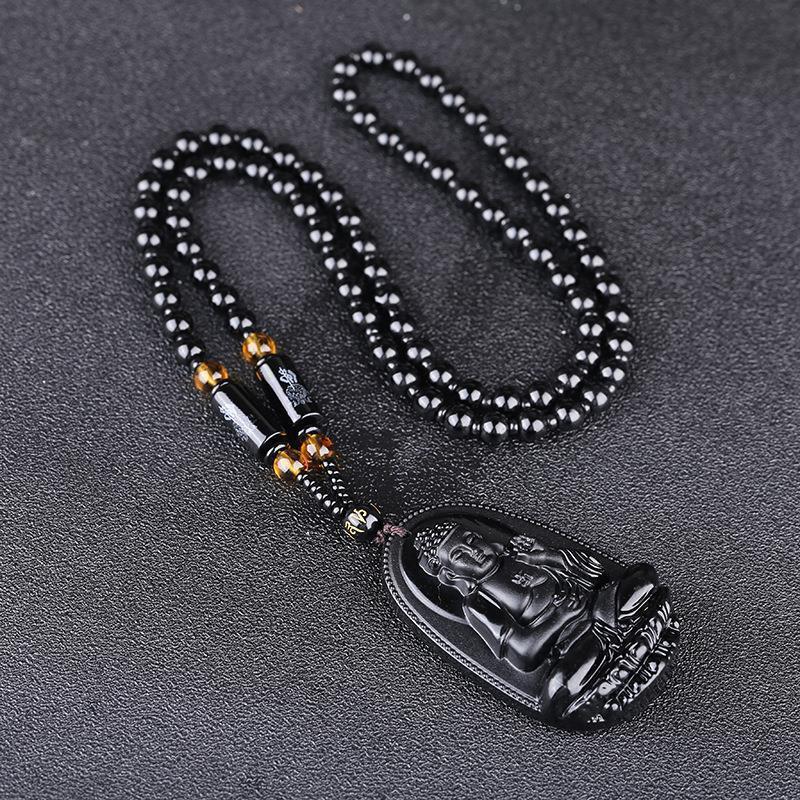 Black Obsidian Buddha Pendant Carved Design Beaded Chain Daily Wear Lucky Gift For Men Women