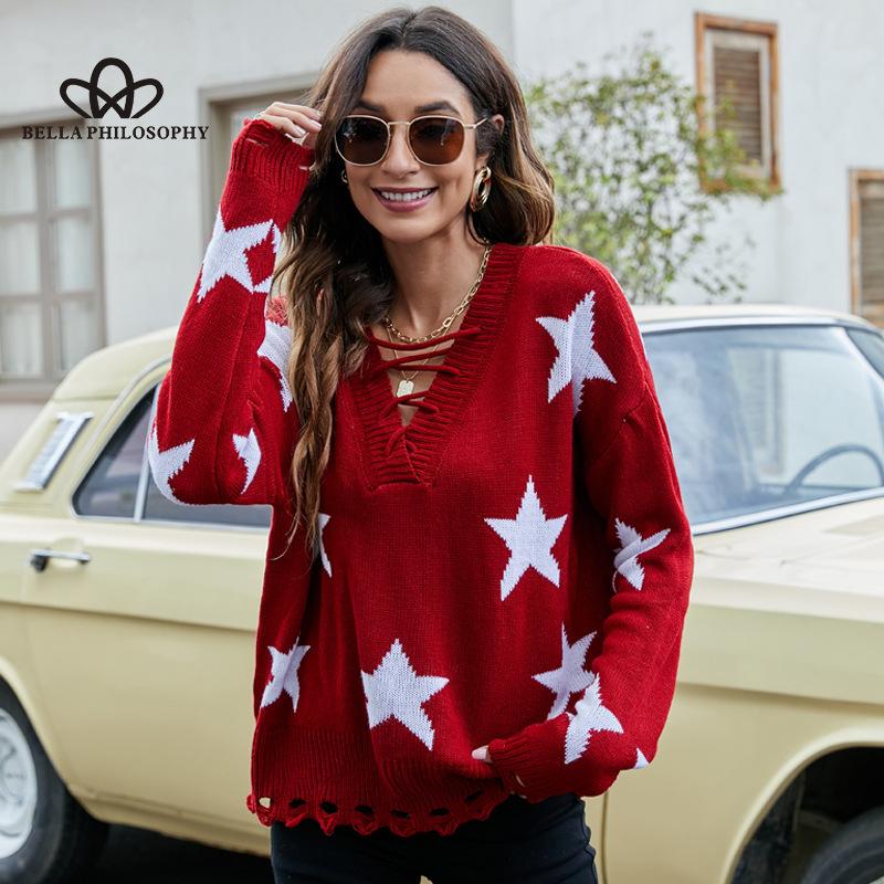 Five Star Jacquard Sweater Women New Fashion Drawstring Pullover Knit Sweater Design Top Casual Style Sweater
