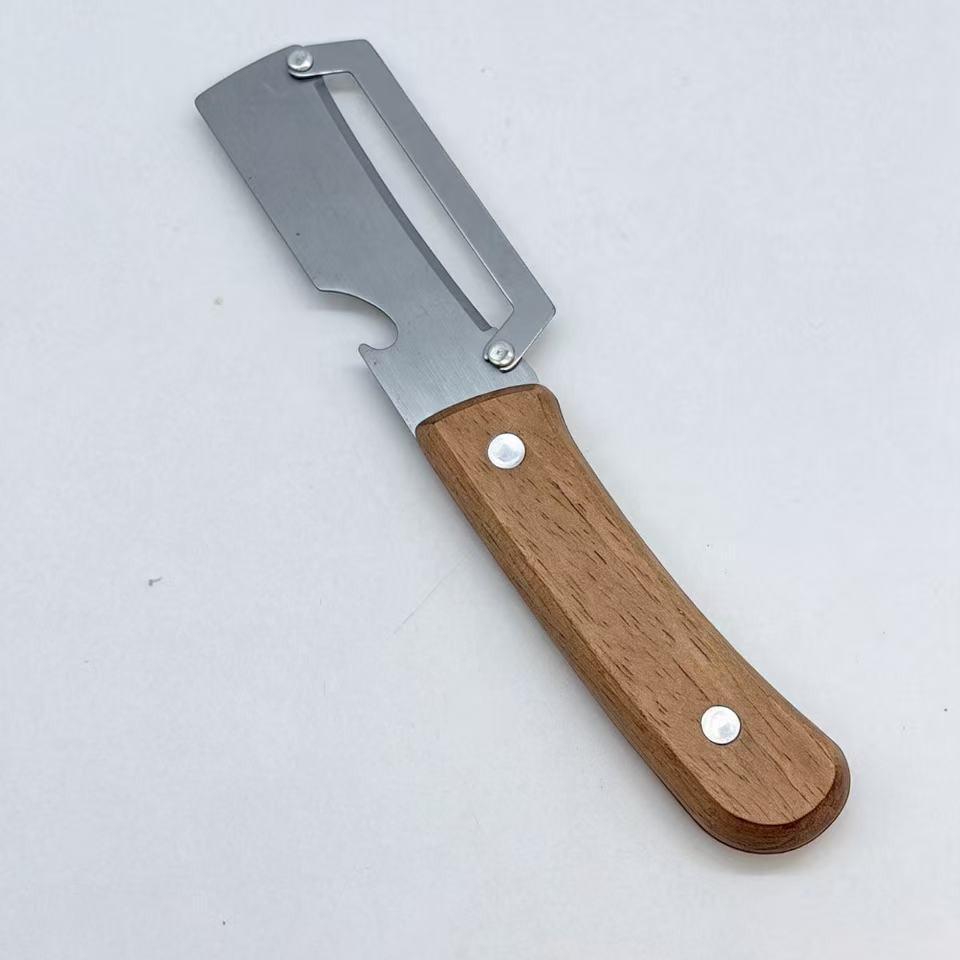 Multi-functional Wooden Handle Stainless Steel Peeler & Melon/Scallion Slicer