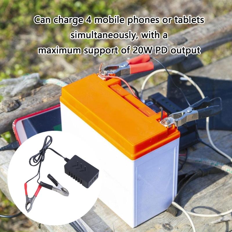 DC8V-35V Battery Clamp to 5V 3xUSB+1xType C Output Charger Adapter 4-Port Fast Charging for Phones Tablets Black