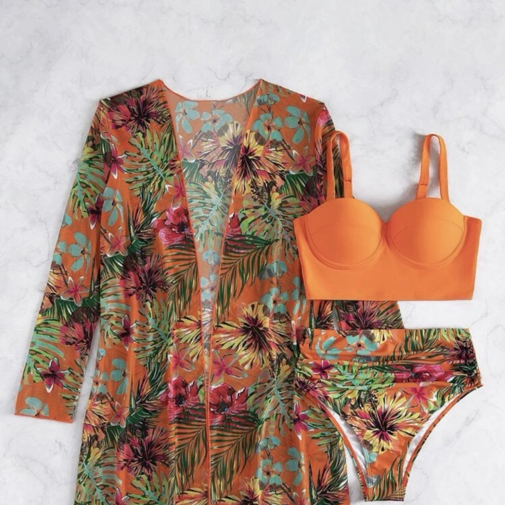 Europäischer und Amerikanischer Sexy Mesh Bikini Dreiteilig Raffung Split Druck Badeanzug