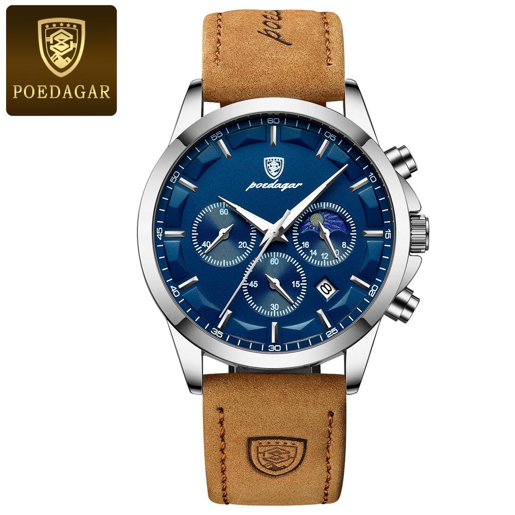 POEDAGAR Luxury Man Wristwatch Sports Leather Quartz Watch Waterproof Luminous Calendar Chronograph Watches Male Clock