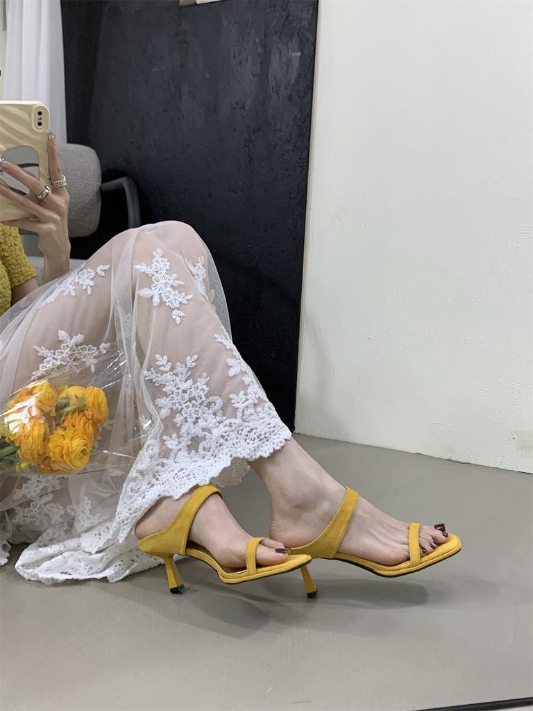 Fashion Cross-Tied Thin Heels Square Toe Shoes Womens Slippers Outdoor Heeled Mules Med Pantofle Slides High Summer 2025 Pumps Shoes Cro