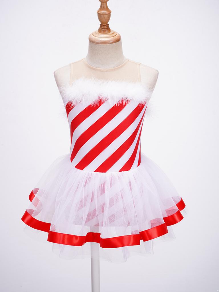 Kids Girls Sleeveless Striped Christmas Party Costume Figure Ice Skating Ballet Dance Leotard Tutu Dress