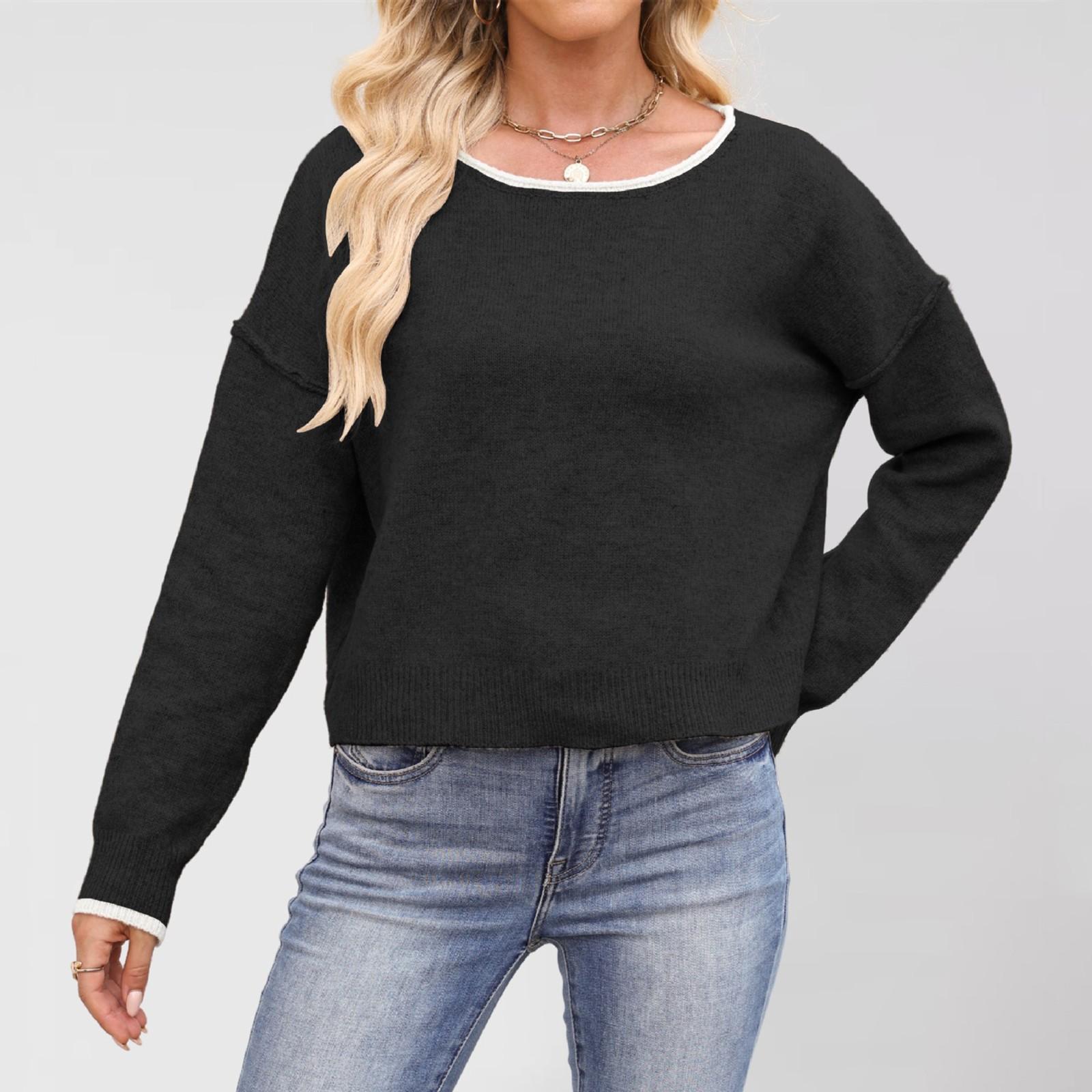 

Women s Fashion Casual Round Neck Colorblock Loose All-match Pullover Sweater Top M чёрный