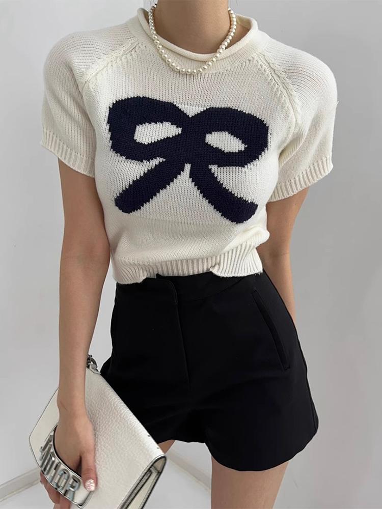 

Южная Корея шикарная летняя одежда в стиле ретро женская круглая шея с бантом и принтом керлинг дизайн облегающая универсальная трикотажная футболка с короткими рукавами one size белый/бежевый