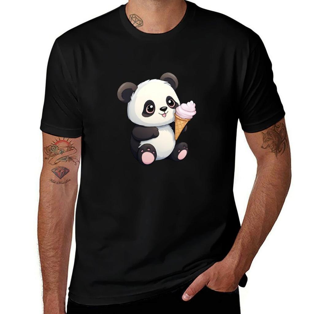 Cute Panda Who Likes Ice Cream Tshirt Soft Casual Short Sleeve Cotton Tee Tshirt